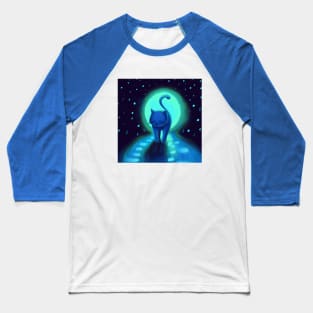 Blue Cat Takes a Cool Stroll in the Moonlight Baseball T-Shirt